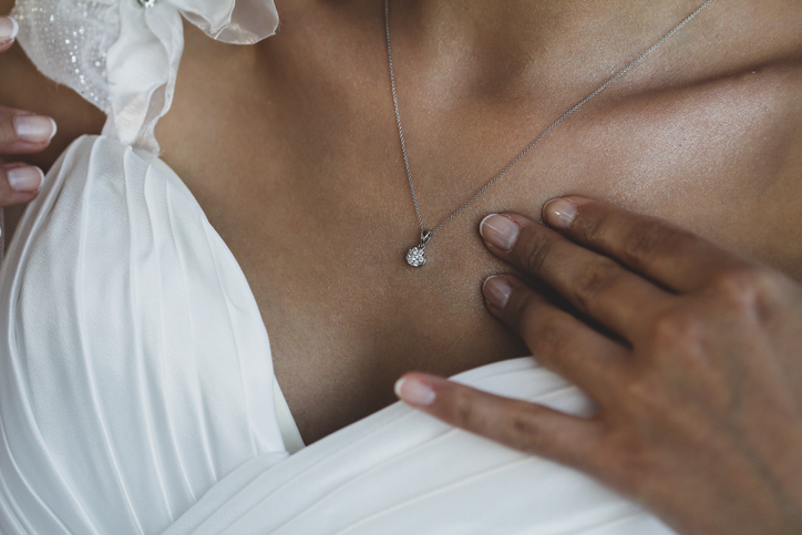 Bride touching the diamond necklace on her neck