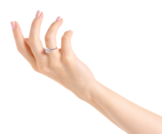 Silver white gold ring on hand on white background isolation